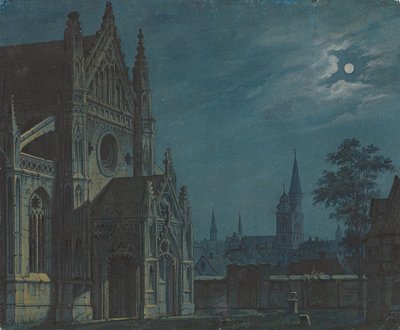 Tysk: Måneskin over gårdspladsen i en gotisk kirke med rige trækonstruktioner / Forgård til en gotisk kirke i måneskin af Carl Gustav Carus