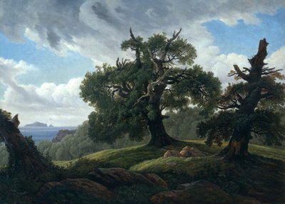 Minde om en skovklædt ø i Østersøen Egetræer ved havet, 1835 af Carl Gustav Carus