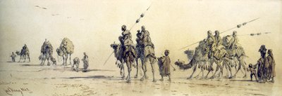 En karavane af beduiner nærmer sig en brønd i ørkenen, 1868 (blyant og vask på papir) af Carl Haag