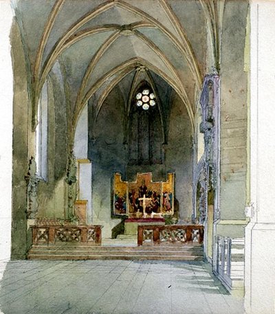 Et kirkeinteriør (akvarel på papir) af Carl Haag