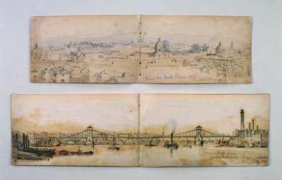 Hungerford Suspension Bridge og Monte Pineio, 1847 (blyant og vask på papir) af Carl Haag