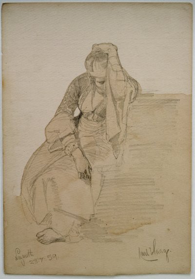 Studie af en siddende dame, Nazareth, 1859 (blyant og wc-vask på papir) af Carl Haag