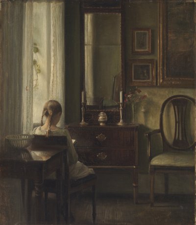 Interiør med en pige, der læser af Carl Holsoe