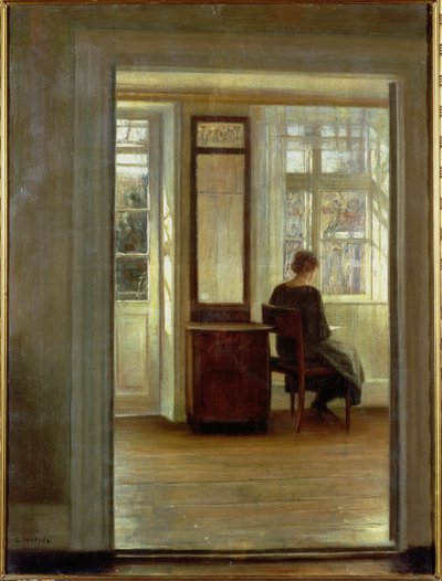 En dame i et interiør (olie på lærred) af Carl Holsoe