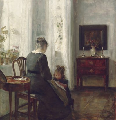 En mor og et barn i et interiør (olie på lærred) af Carl Holsoe