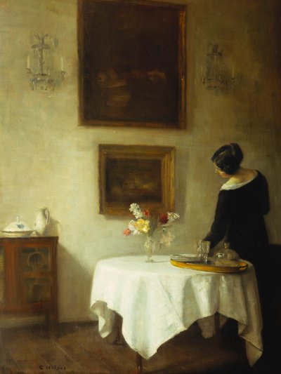 En kvinde ved et spisebord (olie på lærred) af Carl Holsoe