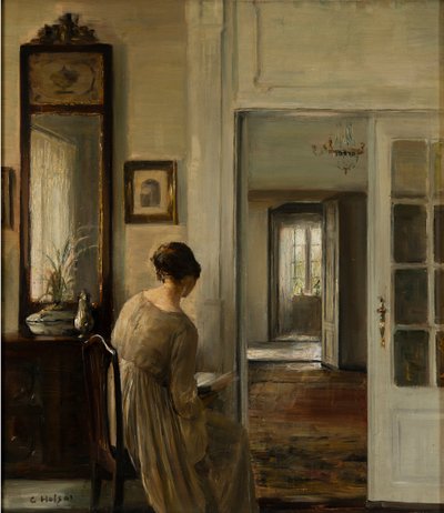 Foredrag. La femme du peintre - Læsning. Malerens Hustru - Carl Holsøe (1863-1935). Olie på lærred Mål: 58x52 cm Privat samling af Carl Holsoe