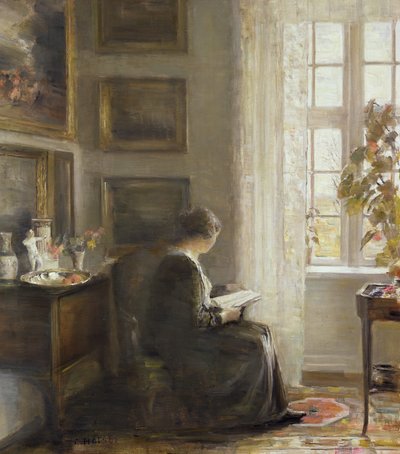 Læsning ved et solrigt vindue af Carl Holsoe