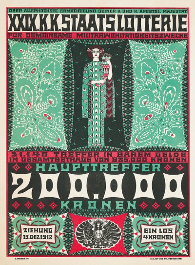 Plakat, der reklamerer for det 24. kongelige østrigske velgørenhedslotteri i 1912 af Carl Krenek