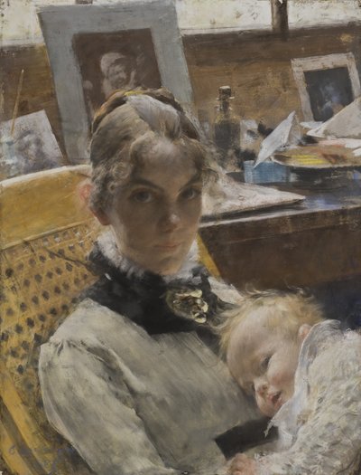A Studio Idyll: The Artists Wife and their Daughter Suzanne, 1885 (pastel) af Carl Larsson