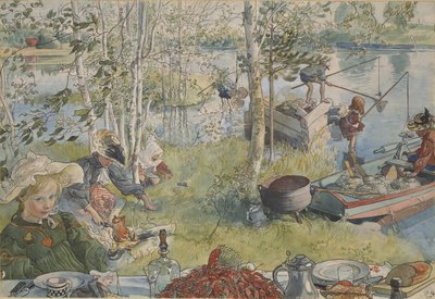 La peche aux ecrevisses - Krebsefiskeri, af Larsson, Carl (1853-1919). Akrylfarver på papir. Mål: 32x43 cm. Nationalmuseum Stockholm af Carl Larsson