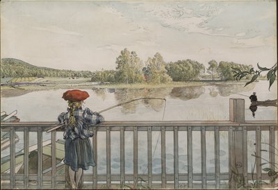 Lisbeth a la peche a la ligne - Lisbeth Angling, af Larsson, Carl (1853-1919). Akvarel og tempera på papir. Mål: 32x43 cm. Nationalmuseum Stockholm af Carl Larsson