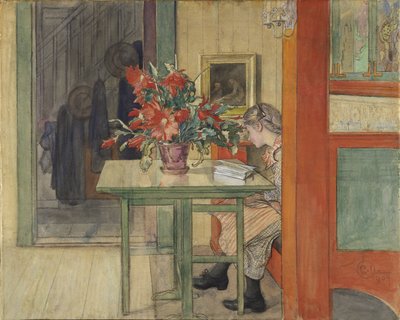 Lisbeth lisant - Lisbeth Reading, af Larsson, Carl (1853-1919). Akvarel og tempera på papir af Carl Larsson