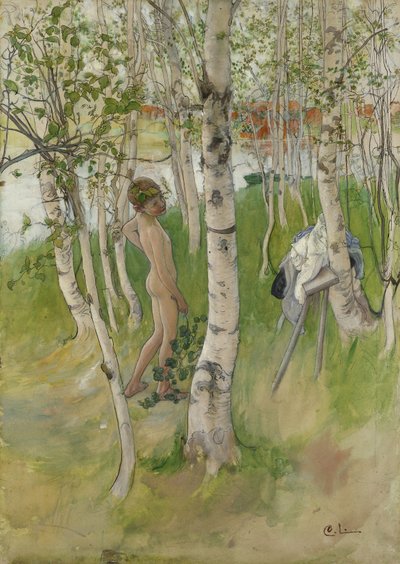 Nøgen dreng blandt birkes, 1898 (wc på papir) af Carl Larsson