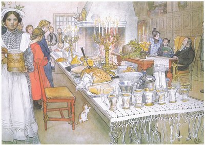 Juleaften er det enorme langbord i den store sal helt dækket af mad (farvelitografi) af Carl Larsson