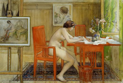 Modellen, der skriver et postkort af Carl Larsson
