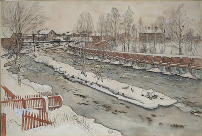 »The Timber Chute«. Vintermotiv. Fra serien »A Home« (26 akvareller) af Carl Larsson