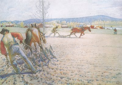 De to mænd med deres harver arbejdede metodisk frem og tilbage af Carl Larsson