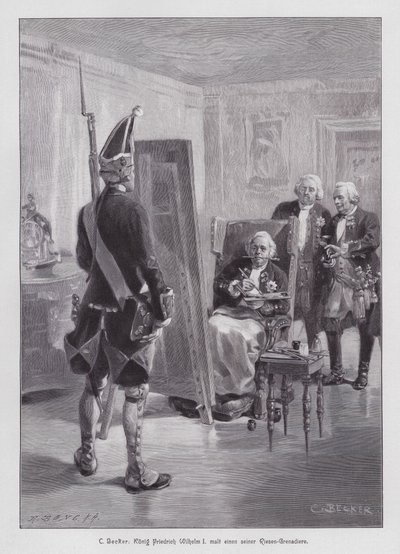 Kong Frederik Vilhelm I af Preussen maler en grenader af hans Potsdamer Riesengarde (Giant Guard of Potsdam) (gravering) af Carl Ludwig Friedrich (after) Becker