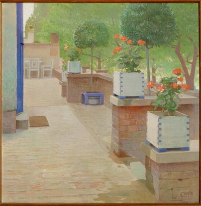 Gartenterrasse - Haveterrasse ... (maleri på lærred) af Carl Moll