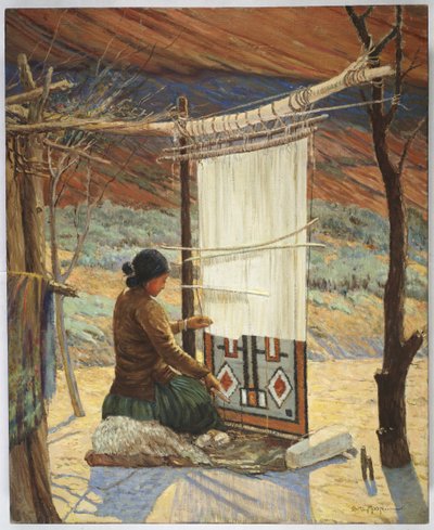 Navaho Weaver, Canyon de Chelly, Navaho Reserve (olie på lærred monteret på panel) af Carl Moon
