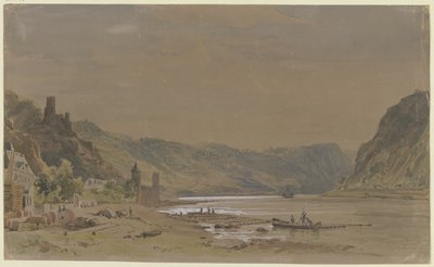 Udsigt over Sankt Goarshausen med slottet Maus og Loreley-klippen i baggrunden af Carl Morgenstern