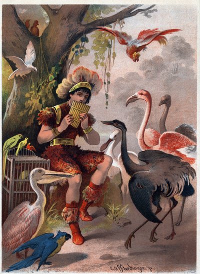 Papageno med en panfløjte bringer fuglene fra skoven. Illustration af Carl Offterdinger (1829-1889) i "" Den fortryllede fløjte"" (Die Zauberflote, flauto magico, Tryllefløjten). Privat samling. af Carl Offterdinger