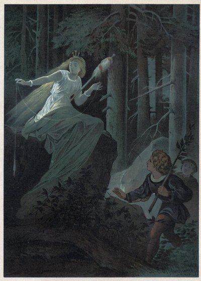 Gebyret, der løb væk med en gylden spindel, sang skæbnen for en gylden knap. Illustration af Carl Offterdinger (1829-1889) i “” Bouton d