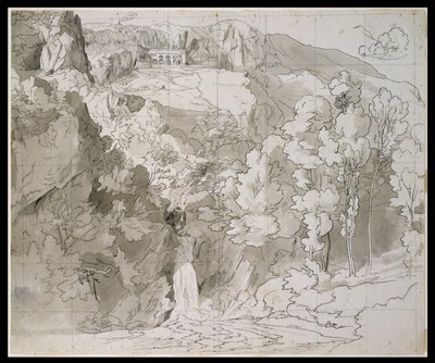 Landskab nær Subiaco med et vandfald og San Benedetto-klosteret af Carl Philipp Fohr