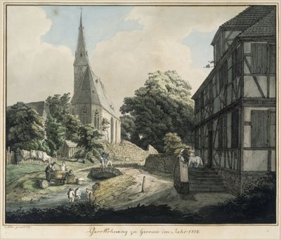 Præstegården og kirken i Gronau i 1814 af Carl Philipp Fohr