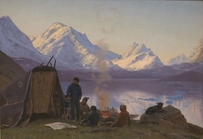 En grønlandsk boplads ved en fjord. Sommer af Carl Rasmussen