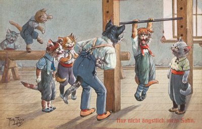 Humoristisk kattepostkort (farvelitografi) af Carl Robert Arthur Thiele