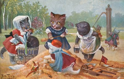 Humoristisk kattepostkort (farvelitografi) af Carl Robert Arthur Thiele