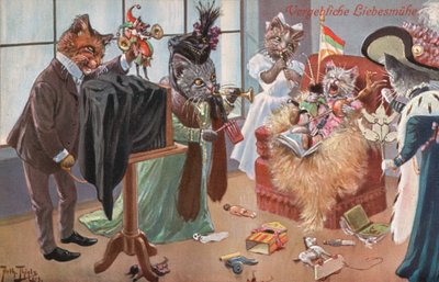 Humoristisk kattepostkort (farvelitografi) af Carl Robert Arthur Thiele