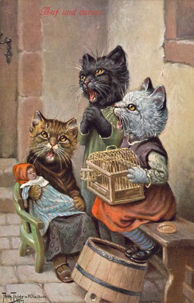 Humoristisk kattepostkort (farvelitografi) af Carl Robert Arthur Thiele