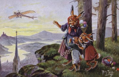 Kaniner diskuterer et fly (farve litho) af Carl Robert Arthur Thiele