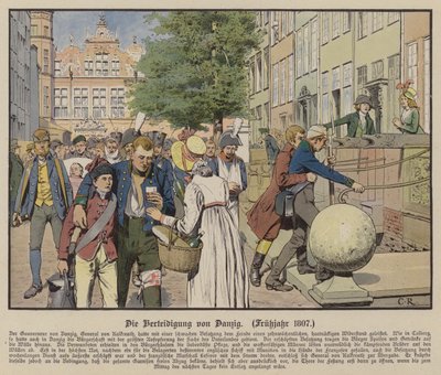 Civile hjælper preussiske sårede under forsvaret af Danzig, forår 1807 (farve litho) af Carl Röchling