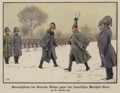 Udveksling af tilfangetagne preussiske og franske feltmarskaler Gebhard Blucher og Claude Victor-Perrin, 20. februar 1807 (farve litho) af Carl Röchling