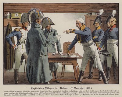 Feltmarskal Blucher overgiver sig til franskmændene ved Katekau, 7. november 1806 (farve litho) af Carl Röchling