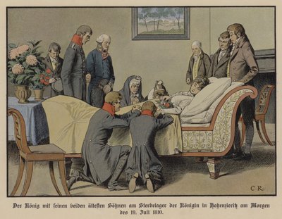 Kong Frederik Vilhelm III af Preussen og hans to ældste sønner ved siden af dronning Louises dødsleje om morgenen den 19. juli 1810 (farve litho) af Carl Röchling