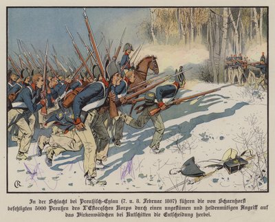 Preussisk infanteri angriber i slaget ved Eylau, 7.-8. februar 1807 (farve litho) af Carl Röchling