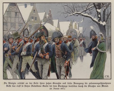 Resten af den preussiske hær marcherer forbi kong Frederik Vilhelm III og dronning Louise gennem Memels gader af Carl Röchling