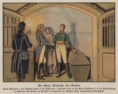 Zar Alexander I af Rusland besøger Frederik den Stores grav i Potsdam sammen med kong Frederik Vilhelm III og dronning Louise af Preussen og sværger sit urokkelige venskab, 5. november 1805 (farve litho) af Carl Röchling