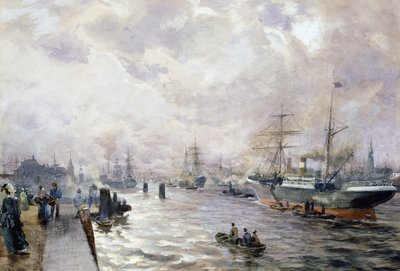 Sejlskibe i Hamborgs havn, 1889 (wc og gouache på papir) af Carl Rodeck