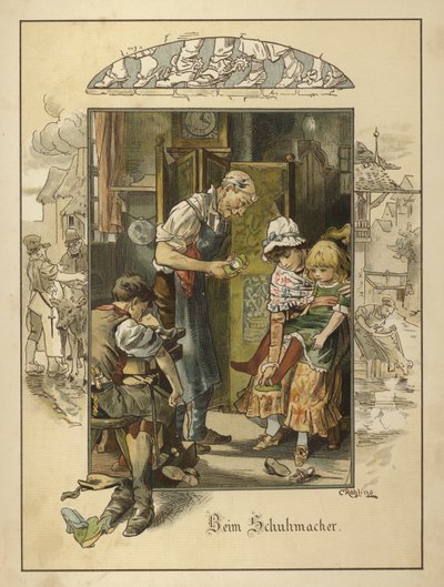Hos skomageren (farve litho) af Carl Rohling