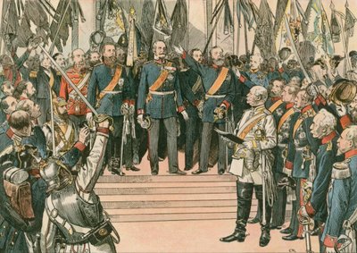 Wilhelm I, konge af Preussen og den første tyske kejser (1797-1888), er anerkendt som kejser af det nyligt forenede tyske imperium ved Versailles-traktaten i 1871 af Carl Rohling
