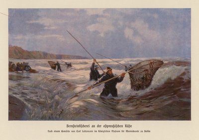 Indsamling af rav i Østersøen, Østpreussen (farvelitografi) af Carl Saltzmann