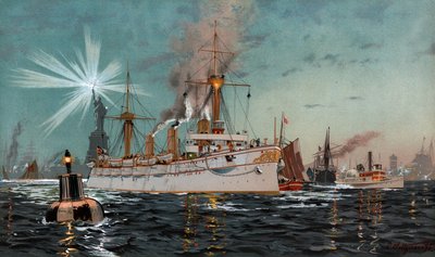 Kejserinde Augusta forlader New York, kromo-litografi af C. Saltzmann 95, nr13 fra G. Wislicenus, Unsre Kriegsmarine. af Carl Saltzmann