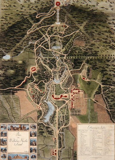 Plan af Wilhelmshohe nær Kassel (farvet radering) af Carl Schaeffer