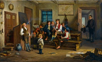Den forbudte frugt (i et klasseværelse ryger skolebørn pibe) - Den forbudte frugt - Carl Bernhard Schloesser (1832-efter 1914). olie på lærred af Carl Schlosser